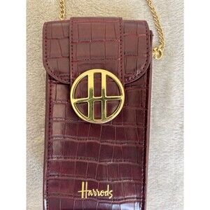 Harrods Croc Embossed Leather Phone Crossbody Bag Burgundy Gold Chain